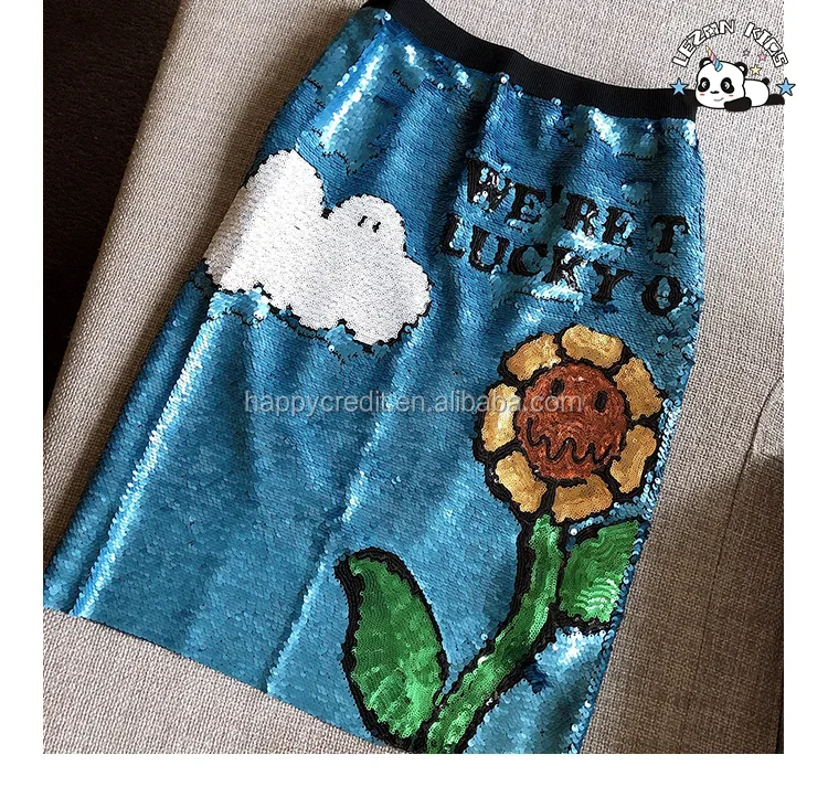 LEZONKIDS - 2024 New Style Summer Sunflower Blue Silver  Flipping Sequin A-line Cute Girls Skirt for Daily Wear